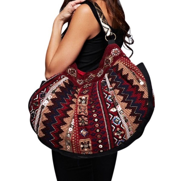 Bohemian hobo bag beaded velvet accent - Picture 1 of 7